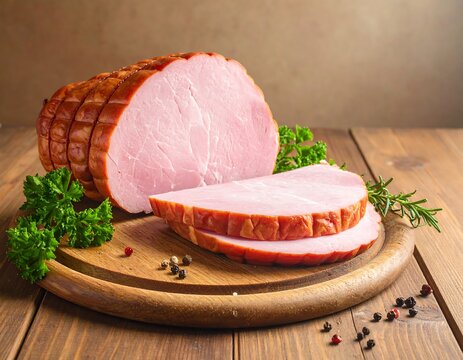 A wooden cutting board with sliced pink meat and herbs on a rustic table