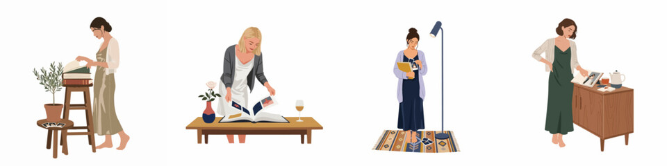 Fototapeta premium Flat vector illustration set of women reminiscing and looking through photo albums and old photographs in various cozy domestic home settings.