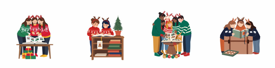 Diverse groups of friends and families wearing festive Christmas sweaters and reindeer antlers while happily browsing through photo albums and sharing holiday memories together. © Abu
