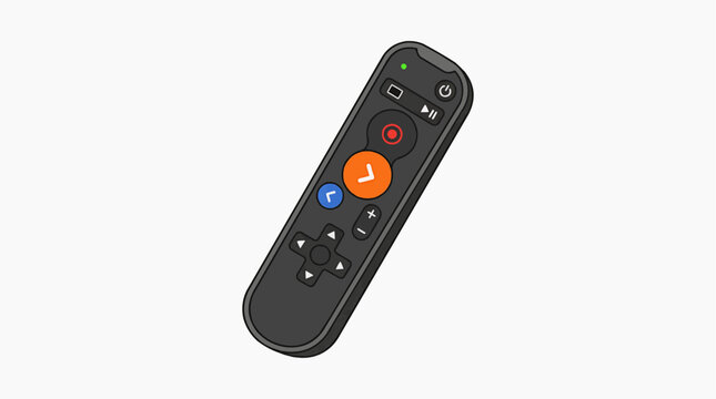 Modern Remote Control: A sleek, black remote control with various colorful buttons is depicted against a clean white background, showcasing its contemporary design and user-friendly interface.
