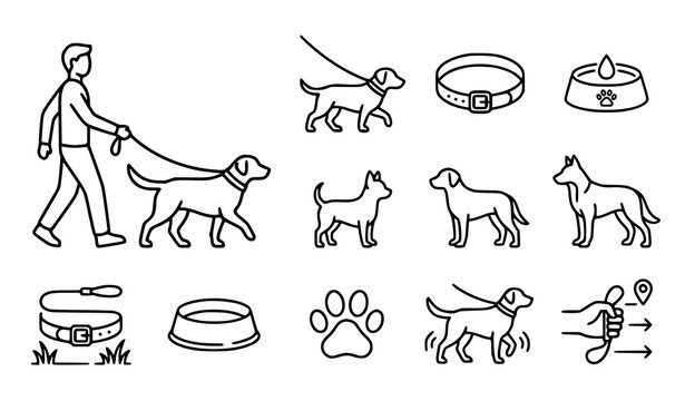 Dog walking and pet care linear icons set vector illustration for animal services