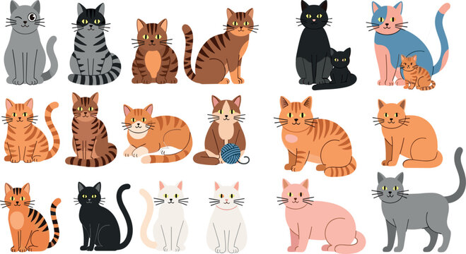 Cute cartoon cats vector set collection isolated on white background with different breeds ginger tabby grey black and white felines sitting and standing characters