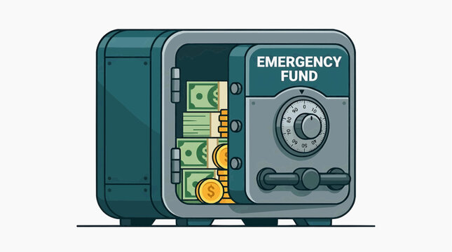 Emergency Fund Vault: An open safe reveals a secure stash of cash and coins, labeled EMERGENCY FUND, representing financial security and preparedness.