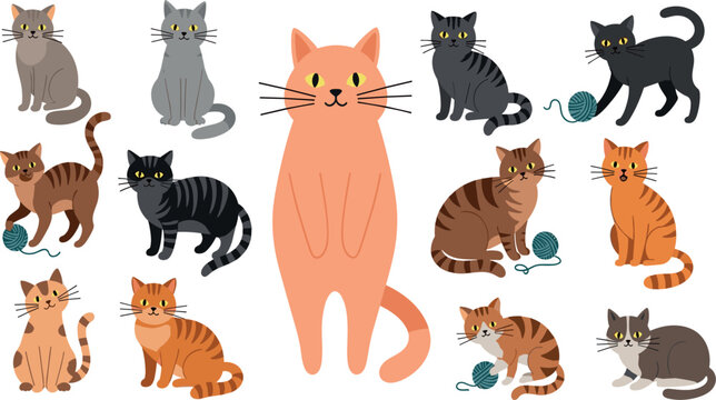 Cute tabby cats cartoon collection vector illustration set isolated on white background with playful felines sitting standing and playing with yarn balls flat design elements