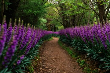 Naklejka premium Dirt path winds through forest lined with blooming purple flowers. Tall trees create canopy overhead, rich green plants surrounds walkway. Nature scene offers peaceful woodland stroll.