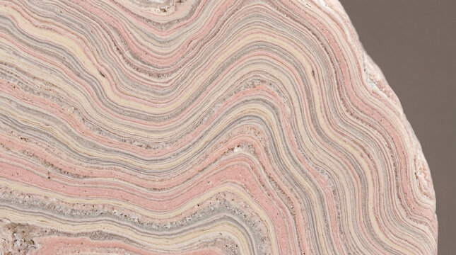 Extreme macro of rhyolite surface with flow banding layers on solid warm grey background