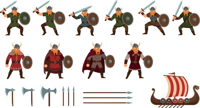 Viking warrior cartoon character vector set featuring nordic soldiers holding swords shields ancient weapons and longship isolated on white background