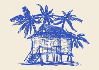 Obraz premium Hand drawn vector Hawaii illustration of tropical beach hut sketch with palm tree in rough line style. Chalk blue exotic island resort shack for travel graphics and summer vacation posters artwork.