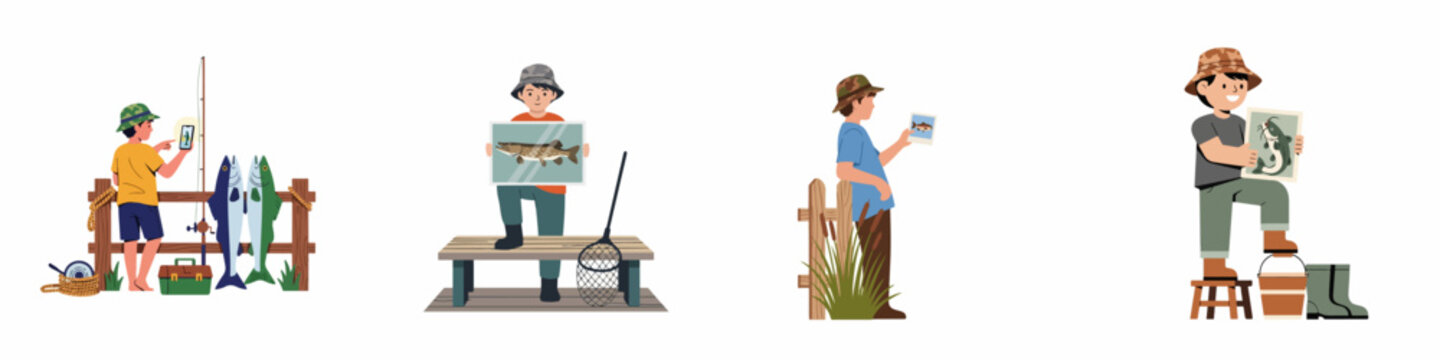Vector illustration set of young fishermen proudly displaying their catches and photos, showcasing outdoor hobby activities and fishing achievements on a white background.