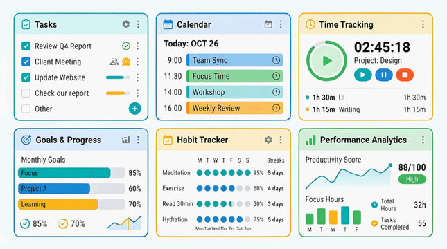 Productivity Dashboard: A modern digital dashboard displays tasks, calendar, time tracking, goals, habit tracker, and performance analytics.