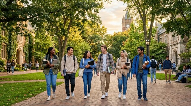 Diverse group of college students walking together on campus during sunset