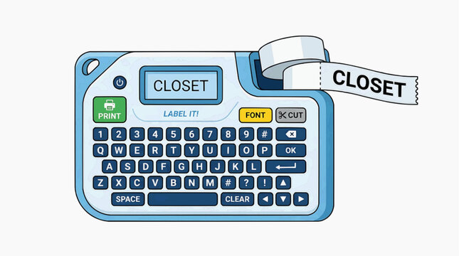 Label Maker Printing Closet: A close-up of a modern label maker with a keyboard and screen displaying the word CLOSET, printing a label with the same text.