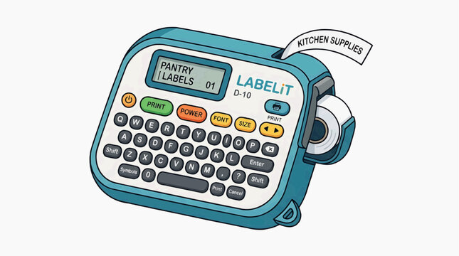 Label Maker for Organization: A blue label maker with a keyboard and display screen is shown, printing a label for KITCHEN SUPPLIES. This device aids in organizing various items.