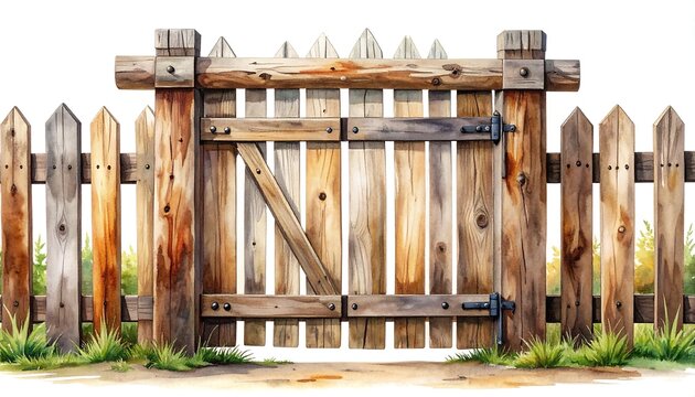 A wooden gate with a fence and green grass on either side