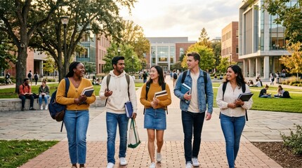Fototapeta premium Diverse group of college students walking together on campus in autumn sunlight