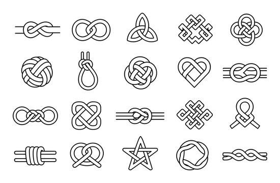 Celtic knots and rope loops in a minimalist black line art style featuring various geometric interlaced symbols, infinity signs, heart shapes, and decorative nautical ties