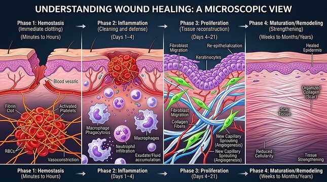 Microscopic stages of human skin wound healing process.