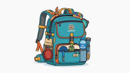 Fototapeta premium Pet Adventure Backpack: A fully-equipped, vibrant turquoise backpack, ready for any outdoor excursion with your furry companion. Packed with essentials for a day of fun and exploration.