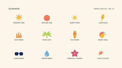Fototapeta premium Summer energy flat icon set with labels – Great for active lifestyle brands, fitness marketing, or seasonal event promotions.