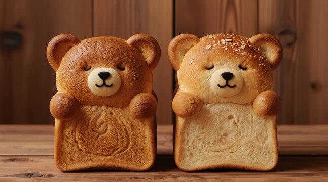 Two teddy bear shaped loaves of bread with cute faces and paws stand on a wooden surface. One bread has oat toppings. Bakery products are fun and whimsical for kids.
