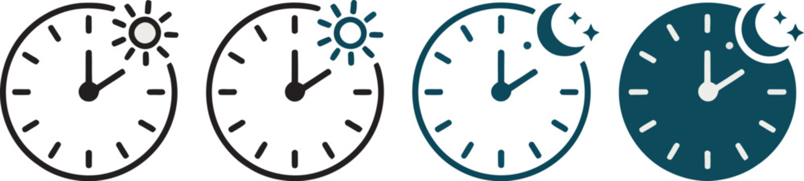 Day and night cycle schedule icon, weather clock sign symbol featuring sun and moon with clock, vector illustration for circadian rhythm, time transition and daily routine concepts.
