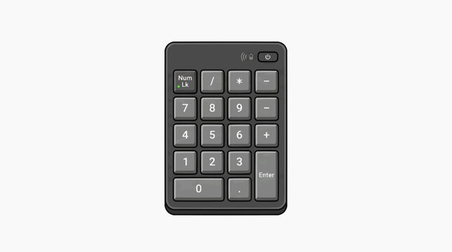 Numeric keypad close-up: A modern, sleek, dark gray numeric keypad isolated on a white background, showcasing its individual buttons and compact design for efficient data entry and calculation.