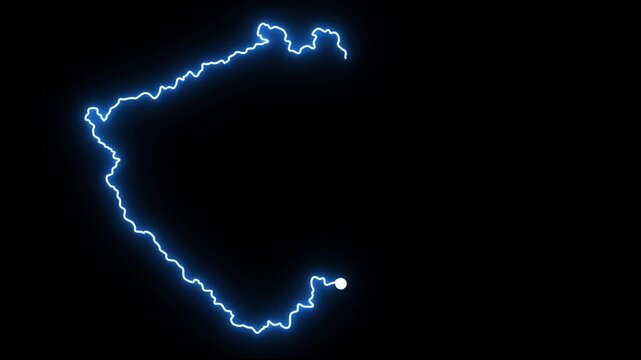 Glowing blue neon electric light outline of the Czech Republic map forming progressively on a black background as a bright white particle traces the country border in a motion graphics video