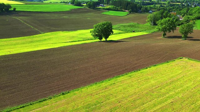 Aerial Drone Footage Flying Over Lush Green Farmland and Plowed Fields in Haute Fagnes, Thommen, Belgium