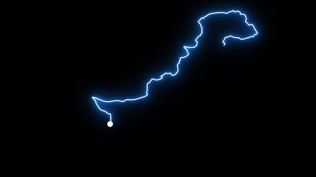 Glowing blue neon line drawing the geographical map of Pakistan on a black background as a bright electric light stroke traces the country border shape in a dynamic motion graphic animation