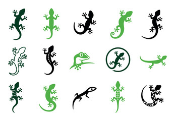 Fototapeta premium Lizard and gecko vector silhouette icon set featuring various reptile designs in green and black colors for creative graphic design projects