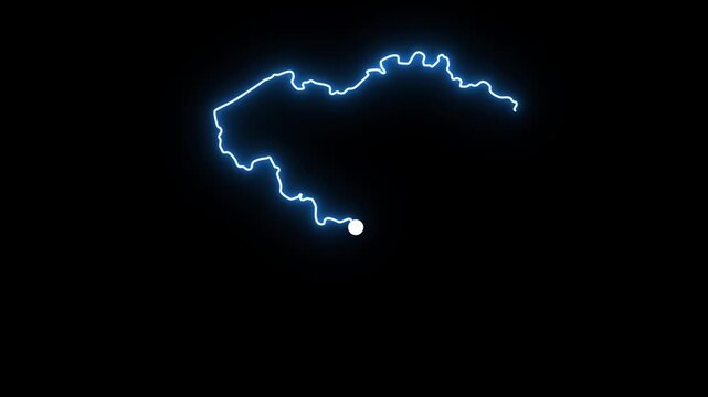 Neon blue glowing map of Belgium outlined with a dynamic electric light stroke trail animation on black background showing movement of a bright dot tracing the entire border of the European country ma