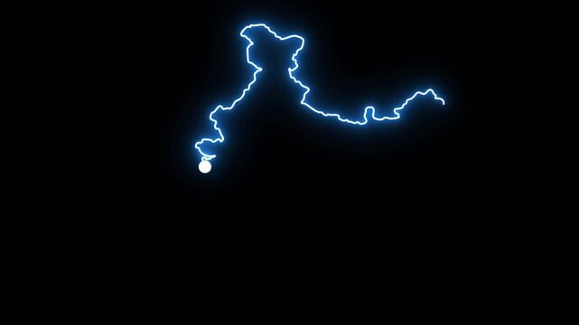 Glowing blue neon line animation tracing the geographic outline map of India over a black background with a bright light dot drawing the country border for national holidays and tech concepts