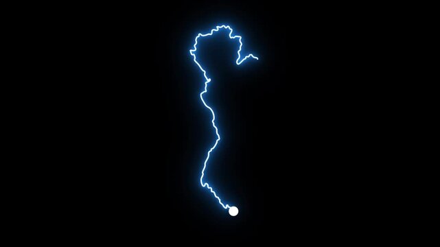 Glowing blue neon lightning trail animates on a black background to outline the complete geographical map of Thailand with a bright shining white light source leading the electric line