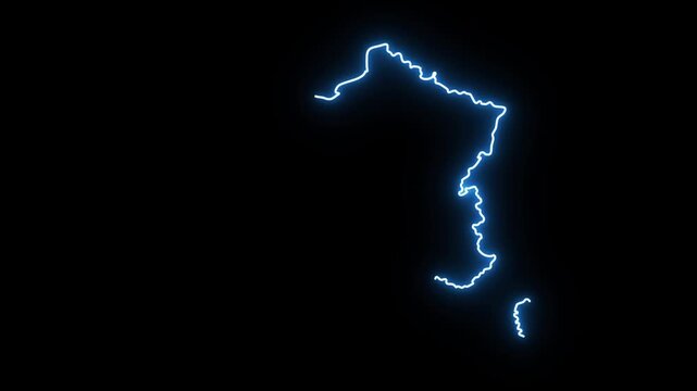 Glowing blue neon line drawing of France map outline on a dark black background showcasing the country geographic border with electric light effects in a modern motion graphic video animation
