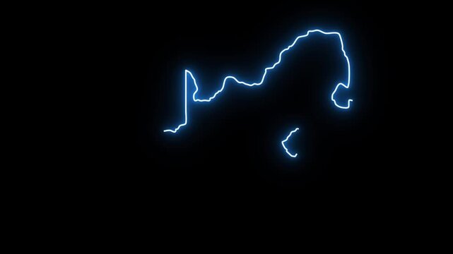 Blue neon glowing electric light line drawing a map of South Africa on a black background creating a vibrant glowing digital cartography outline animation for travel and national concepts