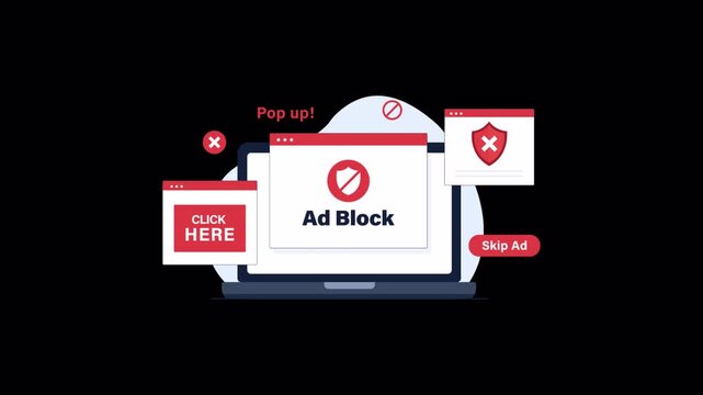 Laptop with Blocked Ads and Warnings. Online Privacy, and Secure Browsing Concept Animation Video - Transparent