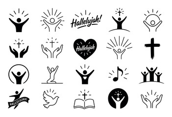 Fototapeta premium Christian worship and praise vector icon set featuring symbols of faith, crosses, hands in prayer, holy bible, dove of peace, and hallelujah text for religious design
