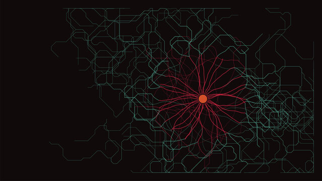 Red digital retina scan circuit on dark background with copy space
