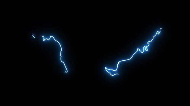 Bright glowing blue neon light outlines the geographical map of Malaysia with a digital laser tracing effect on a black background representing modern technology connectivity and national borders