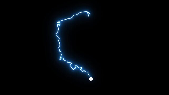 Abstract animation of Poland country map being drawn with glowing blue neon electric lightning line on a dark background with bright white energy spark showing geographic national border contours
