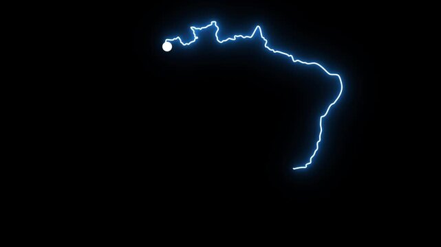 Glowing blue neon line drawing the geographical map outline of Brazil on a black background with a bright light trail animation representing South American country borders in a minimalist style