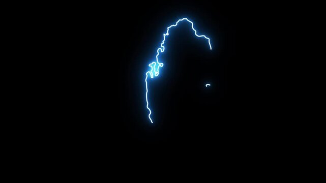 Blue glowing neon electric line drawing the geographical outline map of Qatar on a dark black background in a modern high tech motion graphics style perfect for Middle East presentations