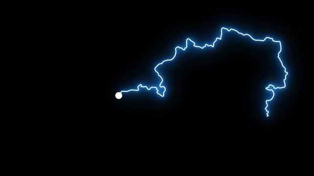 Glowing blue neon electric line traces the geographic map boundary of Austria with a bright white light dot drawing the country border on a dark black background in a modern digital animation style