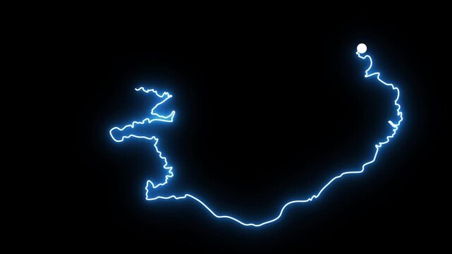 Glowing blue neon light trail animation tracing the geographic outline map of Iceland country with a bright luminous white dot leading the electric path on a dark pitch black background scene