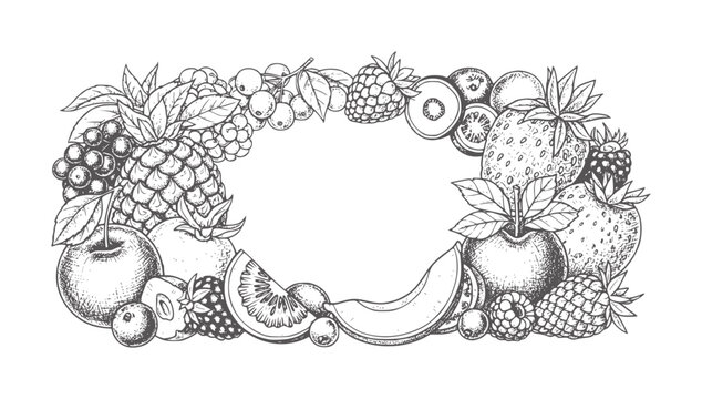 Hand drawn fruit border with pineapple apple strawberries and berries