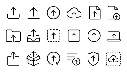 Fototapeta premium Upload icons set in thin line style representing cloud storage, file transfer, data sharing, and digital backup processes