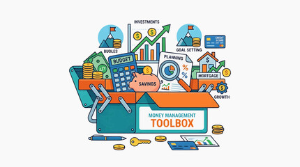 Fototapeta premium Financial Management Toolbox: An illustration depicts a toolbox overflowing with financial tools and symbols representing budgeting, savings, investment, planning, mortgage, and goal setting.