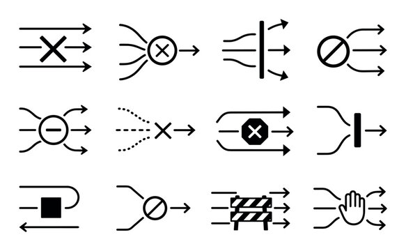 Blockage and bypass vector line icon set representing flow restriction, redirection, and barrier concepts for process optimization