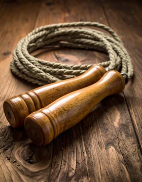 A wooden jump rope with handles on a rustic wooden floor