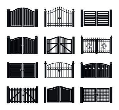 Black gate silhouettes set of various designs including classic wrought iron, modern metal, and rustic wooden entrance gates for residential houses and gardens